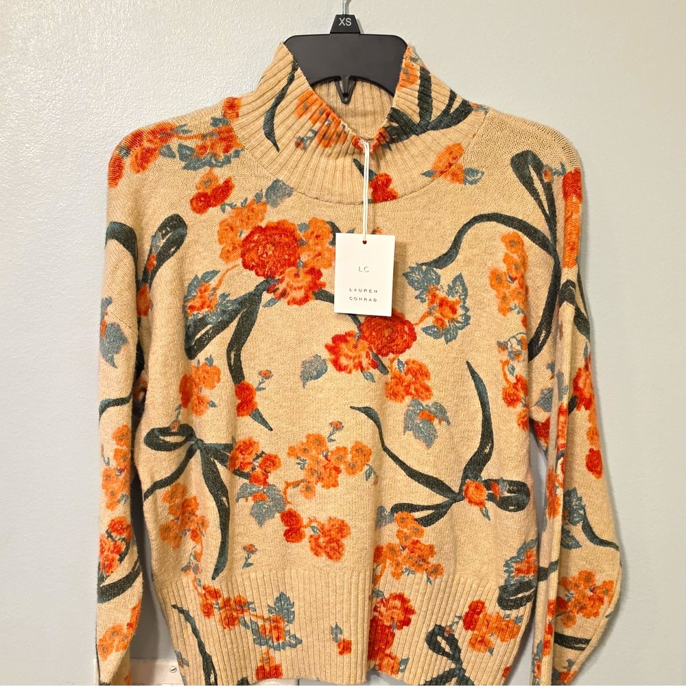 LC Lauren Conrad Women's Beige Floral Knit Mock Neck Long Sleeve Sweater XS #122